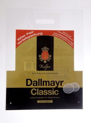 robuste und praktische Plastiktüten kostengünstig für Sie, Alois Dallmayr Kaffee, LDPE klar transparent, DKT Tasche, 50 µ Flexodruck 7 farbig, für Sie bedrucken lassen