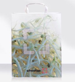 Front view, paper bag without border envelope, with bottom box, flat handle